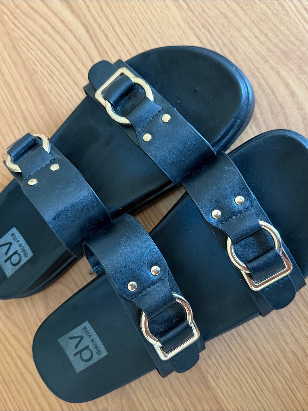 DV by Dolce Vita Black Double-Strap Slides with Gold Hardware